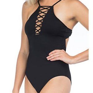 HOBIE Solid Lace-Up One Piece Swimsuit Small Black